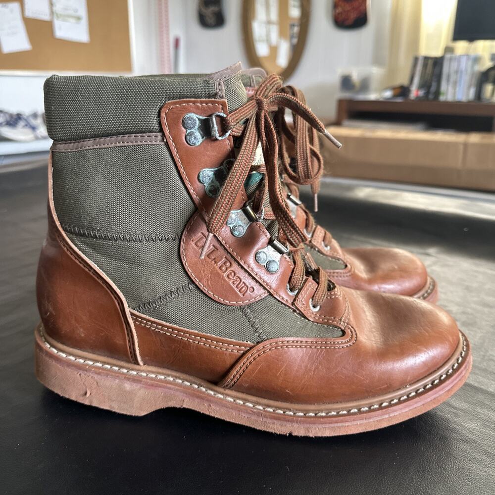 L.L.Bean Boots Mens Size 10 Brown Green Leather Canvas Hiking Fly Fishing BP